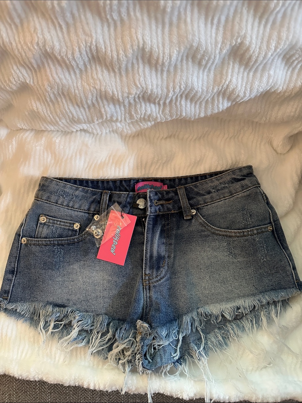 Edikted Blue Distressed Denim Shorts with Pink Tag